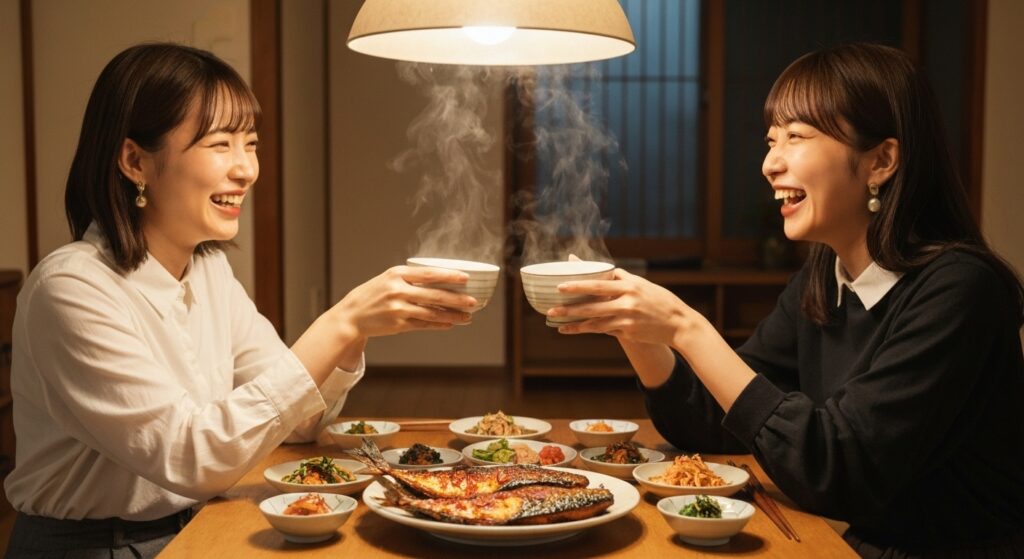 고등어 양념구이와 반찬들을 식탁 중간에 놓고 일본인 20대 여성들이 막걸리를 마시면서 웃고 떠든다