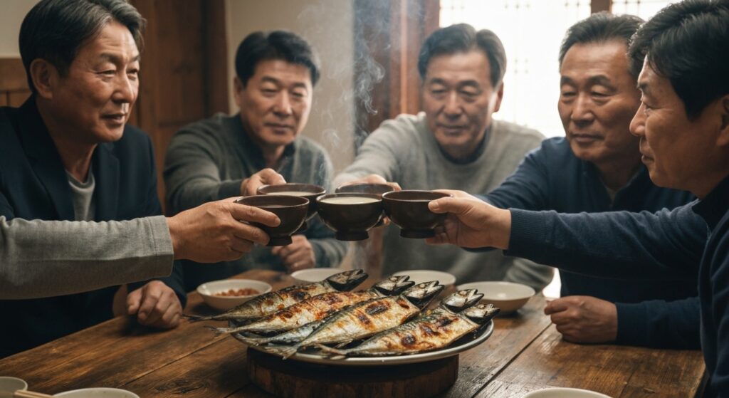 연탄불에 굽는 여러 마리 고등어 구이를 식탁 중간에 놓고 막걸리를 마시는 중년 남자들